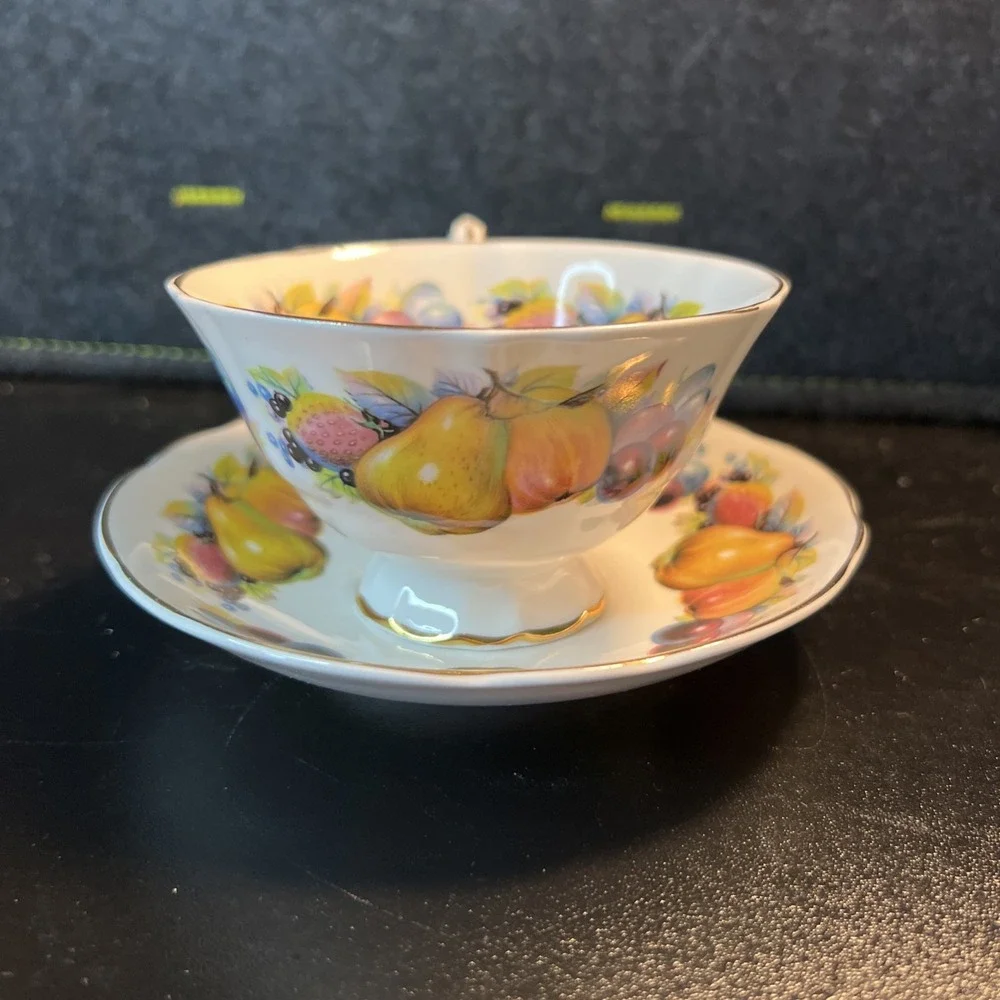 Argyle Burslem Staffordshire Fruits GOLD RIMMED Cup‎ & Saucer China TEA SET
